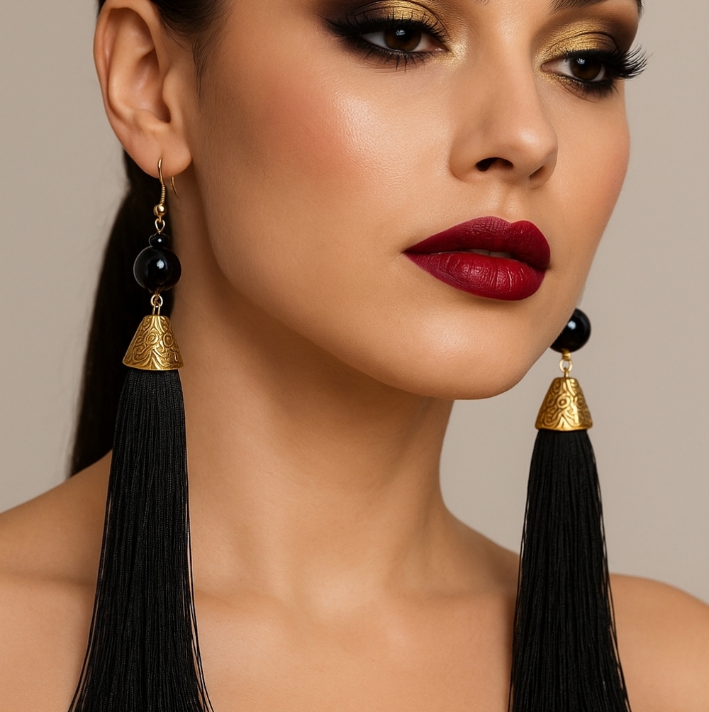 Black‎ & Gold Tassel Statement Earrings – 5.5” Drop
